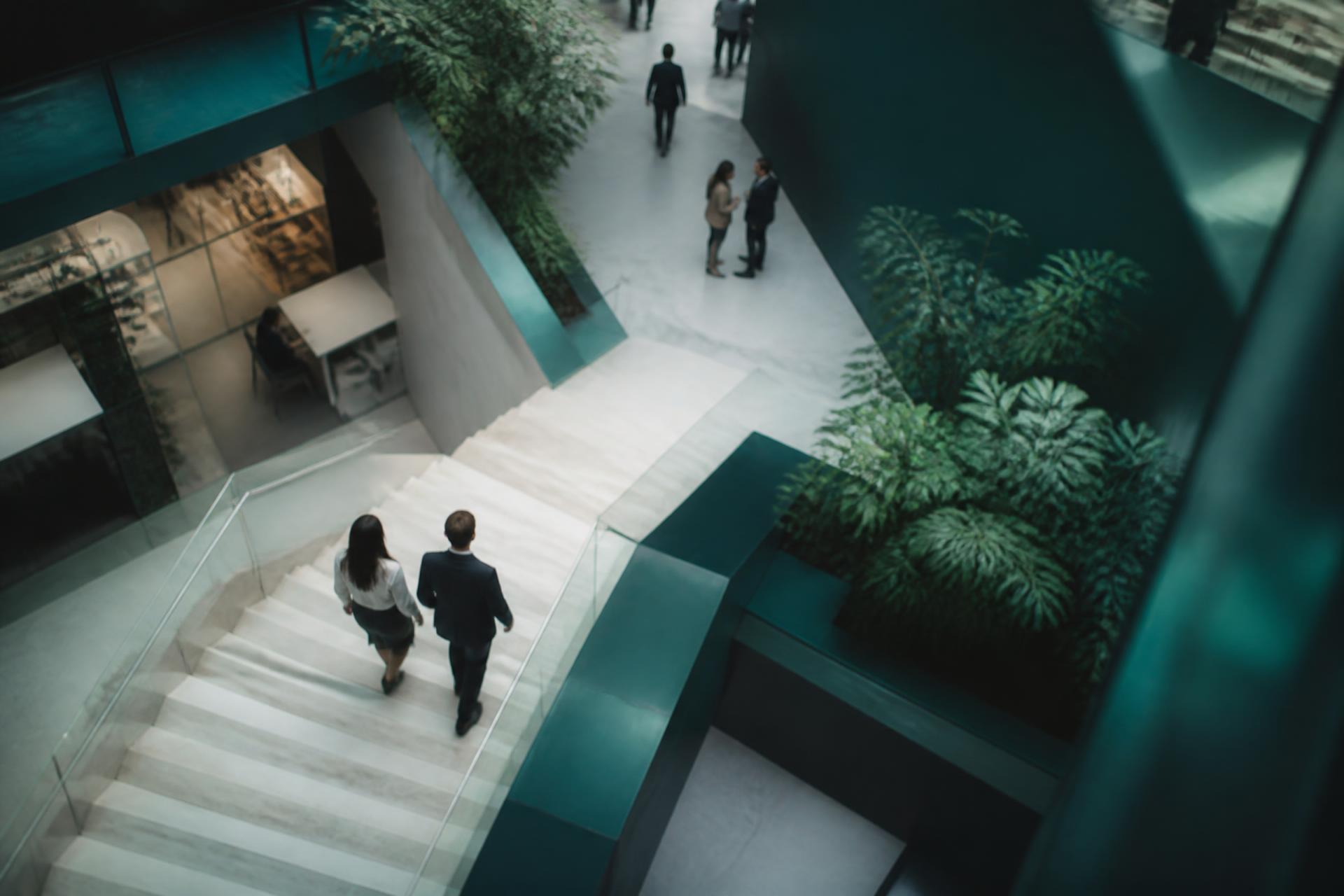 People moving through a modern European workplace
